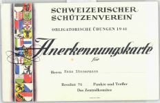 Schweizerischer Schützenverein Anerkennungskarte 1948