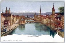 8000 Zürich - Straßenbahn, Blick zu den Alpen, Limmatquai