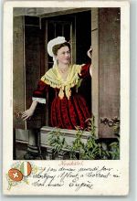 1902 Neuenburger Trachtenfrau am Fenster