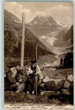 Leukerbad 1911 Bauersfrau unter dem Kreuz sitzend Ort lt. Stempel