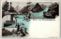 6440 Vierwaldstättersee Lithographie / Künstlerkarte Vogelschau Dampfer