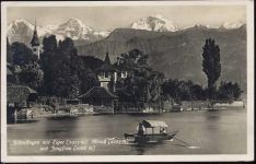 1927 Histerfingen, Kanton Bern, Schweiz, Ansicht mit Eiger, Mönch und Jungfrau, See, Boot,Photoglob AKU2
