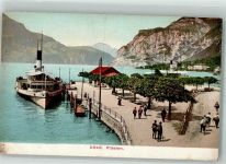 6454 Flüelen Foto AK Hafen Dampfschiff