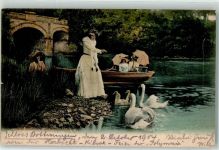 4103 Bottmingen 1904 Gebrauchsspuren Dame am Schwäne füttern am Schlossteich