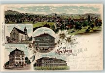 9533 Kirchberg SG 1903 Gebrauchsspuren Kirche Gasthaus Zum Adler Gasthaus Zum Wilhelm Tell Ostschweizerische Strickfachschule Edelweiss Lithographie