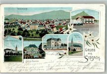 4450 Sissach 1904 Gebrauchsspuren Kath. Kirche Bahnhof Ref. Kirche Schloss Ebenrein Sparkasse