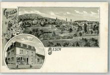 4147 Aesch BL Lithographie Bäckerei Handlung J. Hof-Vogt Eisenbahn