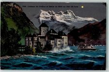 1820 Veytaux - Schloss Chillon Dents du Midi im Mondschein
