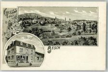 4147 Aesch BL Lithographie Bäckerei Handlung J. Hof-Vogt Eisenbahn