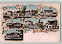 9606 Bütschwil 1902 BOAKC Lithographie Buchdruckerei Realschule Bahnhofstraße Kirche Bahnhof Kirchplatz Löwen Sonne Gebrauchsspuren, bitte Scan genau beachten!