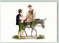 Trachtenpaar Frau auf Esel sitzend