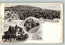 5737 Menziken BOAKC Lithographie Gasthaus Zum Rebstock Hutfabrik F. Hübscher Burg mit Schulhaus Gebrauchsspuren, bitte Scan genau beachten!
