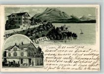 6045 Meggen 1900 BOAKC Lithographie Villa Schweizerhaus Gasthaus Schlössli Bahnhof Eisenbahn Gebrauchsspuren, bitte Scan genau beachten!