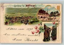 2112 Môtiers NE 1898 BOAKC Lithographie Hoteol de Ville Rathaus Cascade Wasserfall Verlag Künzli Nr 1435