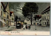 5734 Reinach AG 1907 Lithographie / Mondschein Straßenbahn Lindenplatz