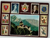 Vaduz Briefmarkenabbildungen Fürst Franz Josef II Fürstin Gina Staatswappen Schloss Adel Liechtenstein