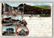 8197 Rafz 1901 BOAKC Lithographie A. Schulhaus Pfarrhaus Gasthaus Zum Kreuz Schuhfabrik Post Station Bahnhof Consum Gebrauchsspuren, bitte Scan genau beachten!