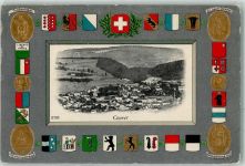 2108 Couvet 1907 Prägedruck Wappen Telldenkmal Winkelrieddenkmal Nationaldenkmal Genf St. Jakob Denkmal Lithographie