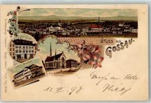 9200 Gossau SG 1898 Lithographie Hotel Zum Ochsen Hotel Bahnhof Schutzengel Kirche Schulhaus