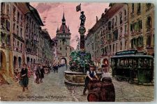 3000 Bern Berne Künstlerkarte Marktgasse Käfigturm Anna Seiler Brunnen sign.