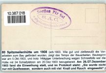 Spitzmeilenhütte 1908 - Hüttenstempel Beschreibung aufgeklebt