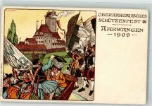 4912 Aarwangen Gebrauchsspuren Oberaargauisches Schützenfest 1909 sign Münger A. Lithographie/Künstlerkarte