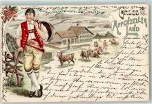 1898 Lithographie Kuhhirte Kühe Kuhglocke Pfeife