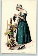 2000 Neuchâtel Neuenburg Künstlerkarte sign. G. Jeannot Frau pflückt Weintrauben Schw. Trachten-und Volkslieder-Vereinigung sign. Jeannot