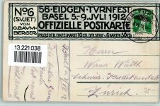 4000 Basel Bâle - 56 Eidgenössisches Turnfest Basel 1912 klassischer Sonderstempel sign Baumberger
