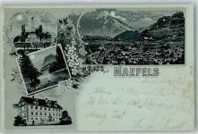 8752 Näfels 1899 Lithographie / Mondschein Denkmal Obersee Freulerpalast