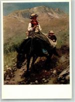 Künstlerkarte Walliserin mit zwei Kindern Esel sign. Meyer Carl Diethelm