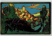 4000 Basel Bâle 1916 Lithographie / Künstlerkarte Gluggerät Burg Schweiz. Nationale Flugspende 1913 sign. O. Plattner Im Manöver