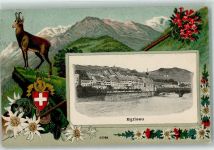 8193 Eglisau Prägedruck Kirche Brücke Blumen Bock Wappen Hut Stock Seil