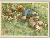 sign. Danioth Heinrich Knabe der mit Tannenzapfen spielt Pro Infirmis Schweiz Künstlerkarte