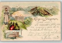 Stanserhorn 1899 Lithographie Bergbahn Hotel Tracht Hüttenstempel
