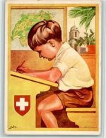 Kind sitzt auf der Schulbank - Spendenkarte für bedürftige Schweizerschulen Bundesfeier Ganzsachen Schweiz Künstlerkarte
