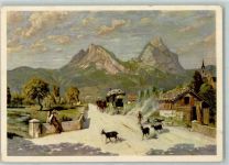 Beide Mythen Pferdepostwagen Ziegen Kirche von Paul Robinet Pro Infirmis Schweiz Künstlerkarte