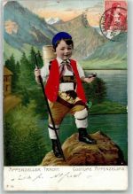 1908 Prägedruck Senner Junge mit Pfeife mit echter Stoff Applikation AK