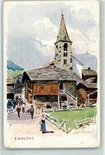 1983 Evolène Künstlerkarte Kirche sign. JJ Redmond