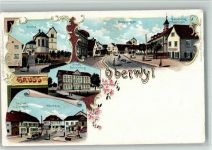 4104 Oberwil BL 1900 BOAKC Lithographie Kirche Hauptstraße Handlung Th. Deckert Neues Schulhaus Gasthaus Zum Schwan Pfarrhaus Bahnpost Straßburg Elsass Zug 213