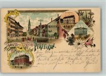 8330 Pfäffikon ZH 1897 BOAKC Lithographie Hotel Bahnhof Dorfstraße Gerichtshaus Schulhaus Verlag Künzli Nr 749 Bahnpost Nr 34