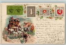 Briefmarken Postkutsche sign Koller Verlag Menke-Huber Lithographie Postkutsche Schweiz 1905 Gebrauchsspuren