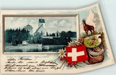 8590 Romanshorn 1901 Prägedruck Schloss Kirche Jagd Gämse Wappen Passepartout Lithographie Scan verzogen