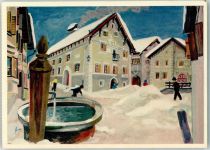 7545 Guarda 1852 Künstlerkarte Dorfplatz im Winter sign. F.Krumenacher