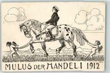1912 Gebrauchsspuren Mulus der Handeli 1912 Pferd Engel Künstlerkarte Studentika