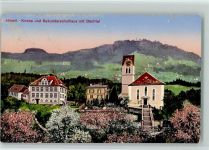 8340 Hinwil - Kirche und Sekundarschulhaus mit Bachtel Baumblüte