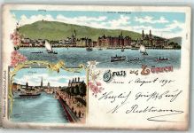 8000 Zürich 1898 Gebrauchsspuren Lithographie Dampfschiff Ruderer