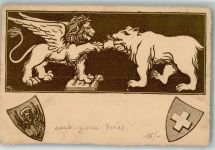 Lithographie / Künstlerkarte Bär und Löwe Allegorie