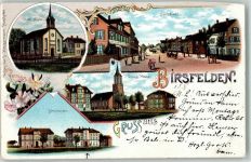 4127 Birsfelden Gebrauchsspuren Kath. Kirche Schule Protest. Kirche Hauptstrasse Lithographie