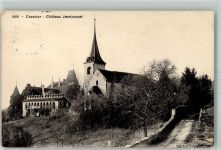 2088 Cressier NE 1916 Foto AK Kirche Schloss Jeanjaquet Bahnpost Zug 1525
